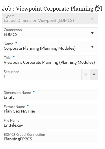 En la imagen se muestra un tipo de trabajo Extraer punto de vista de dimensi&oacute;n (EDMCS).