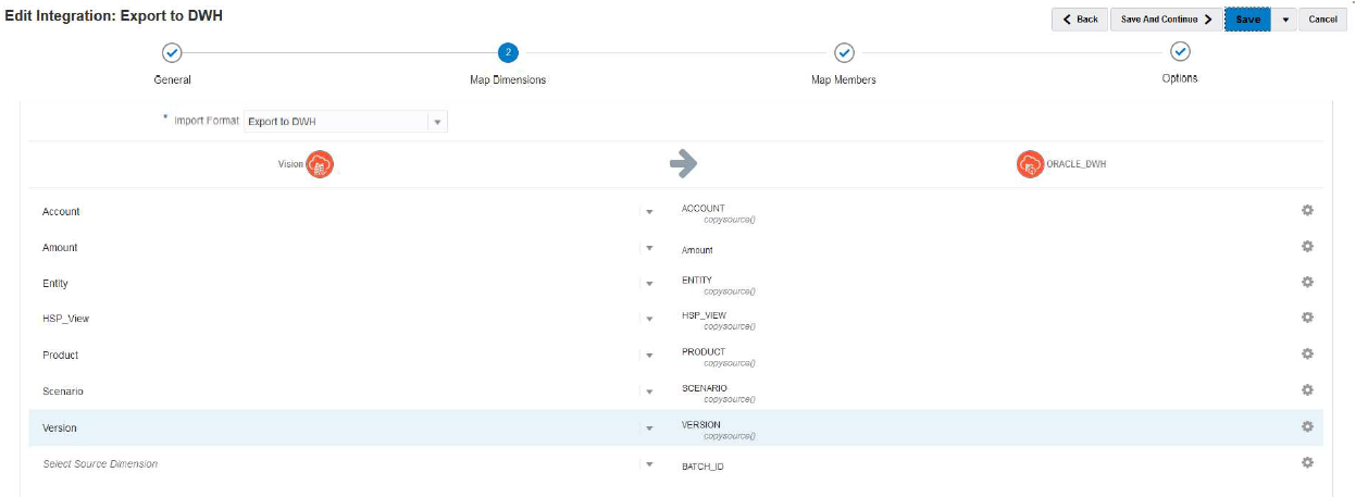 En la imagen se muestran las dimensiones de asignación en la página Crear integración En la imagen se muestran las dimensiones de asignación en la página Crear integración