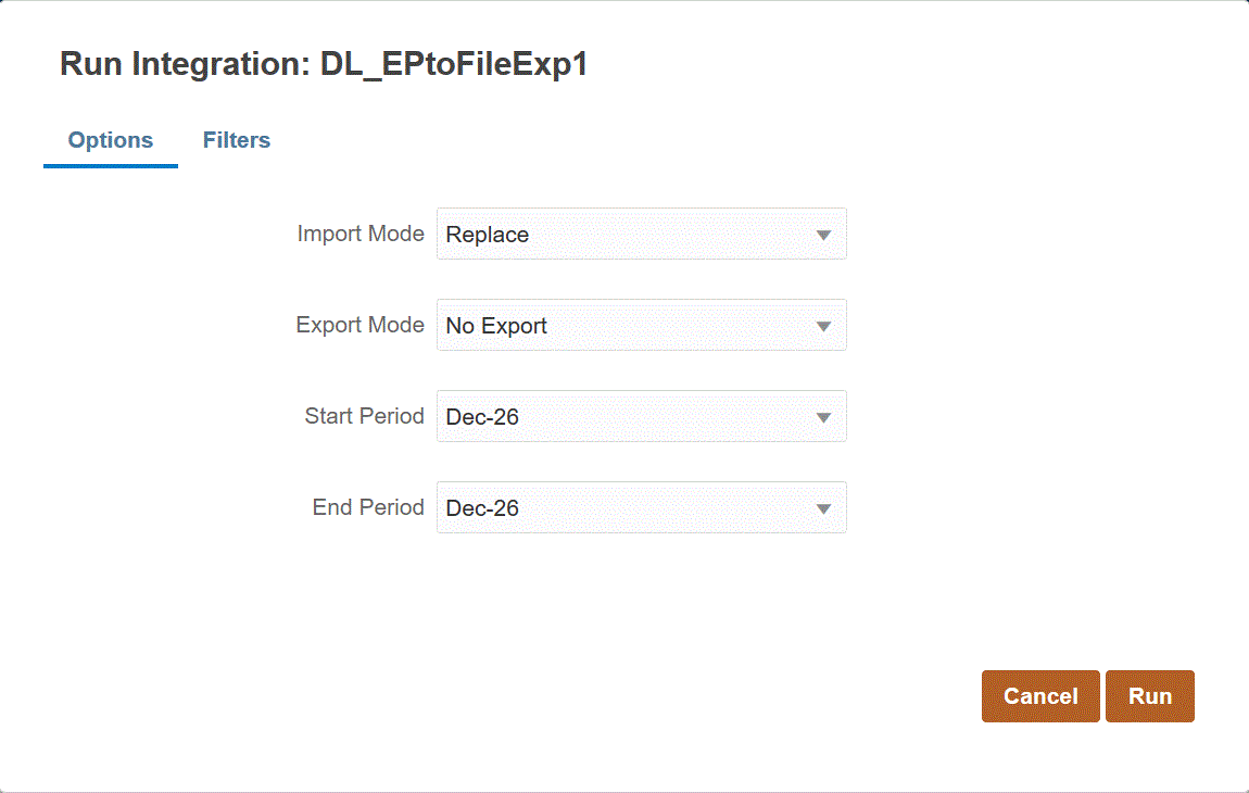 En la imagen se muestra el separador Filtros de la p&aacute;gina Ejecutar integraci&oacute;n.