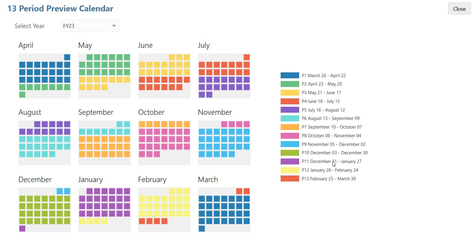 Calendario de vista previa de 13 periodos para FY23 con la opci&oacute;n Mismo a&ntilde;o natural seleccionada