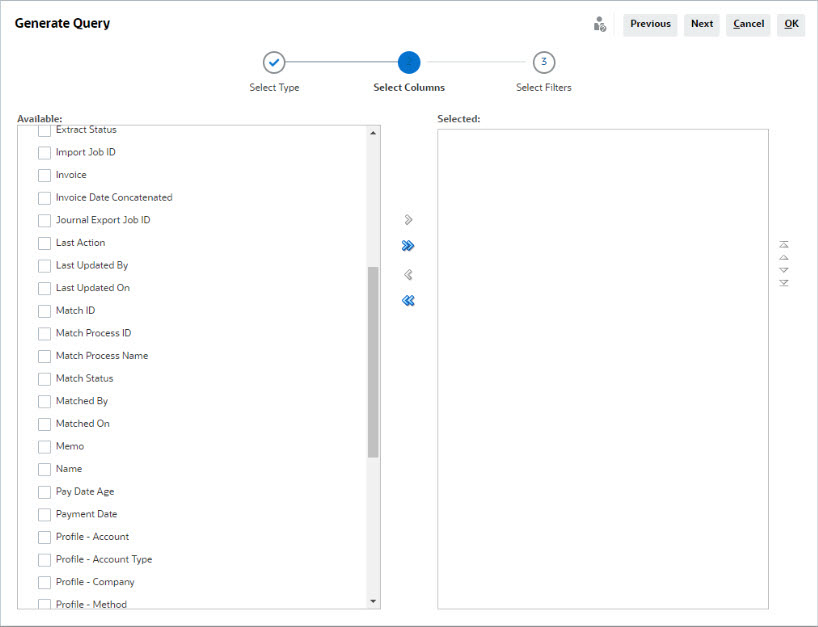 capture d'&eacute;cran des colonnes de g&eacute;n&eacute;ration de requ&ecirc;te &agrave; s&eacute;lectionner pour le rapport de type de rapprochement