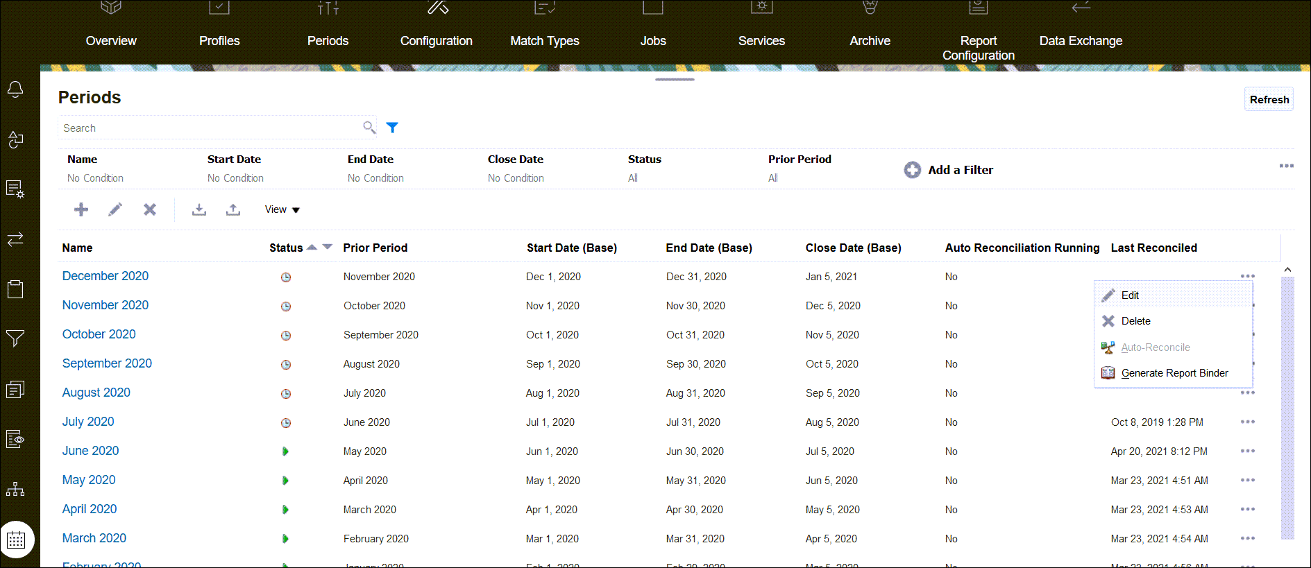 Section P&eacute;riodes dans Application montrant les t&acirc;ches du menu d'actions