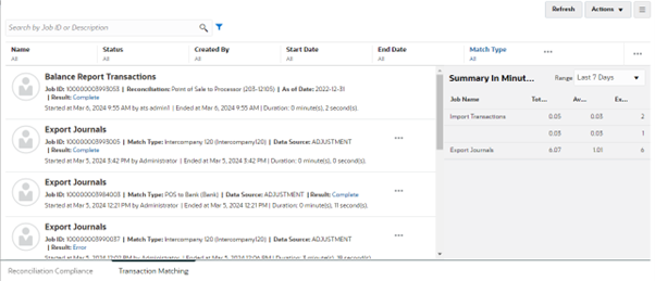 L'image montre le panneau r&eacute;capitulatif pour les jobs Correspondance de transactions.