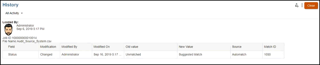 Historique d'audits affich&eacute; &agrave; partir de la fen&ecirc;tre Transactions sans correspondance