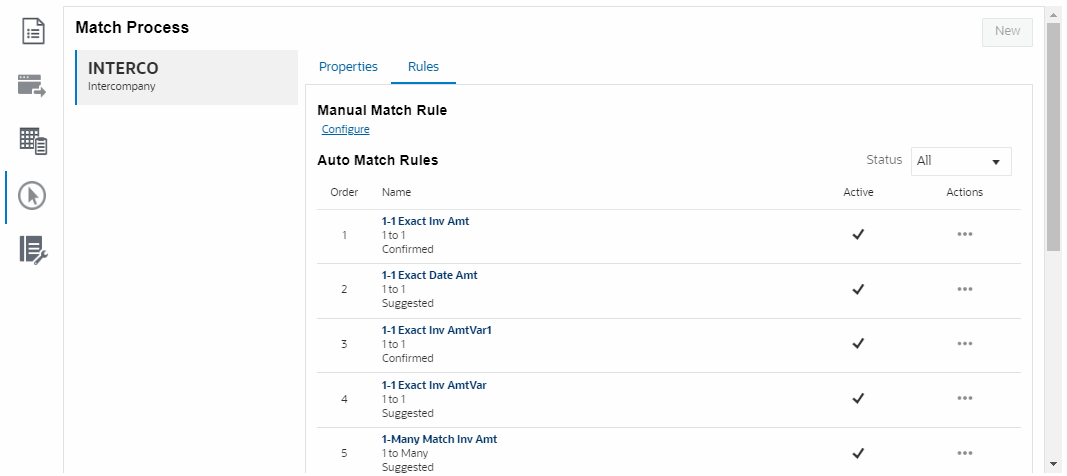 capture d'écran de l'onglet Règles rempli pour un processus de correspondance automatique capture d'écran de l'onglet Règles rempli pour un processus de correspondance automatique