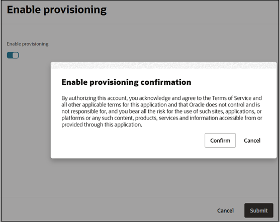 Message de confirmation d'activation du provisionnement