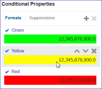 capture d'&eacute;cran pr&eacute;sentant le panneau des propri&eacute;t&eacute;s conditionnelles dressant la liste des conditions dans l'ordre des couleurs param&eacute;tr&eacute;es, soit vert, jaune et rouge.