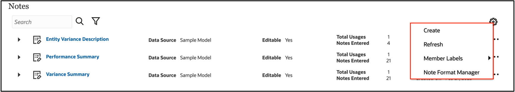 options supplémentaires du menu Actions du gestionnaire de notes options supplémentaires du menu Actions du gestionnaire de notes