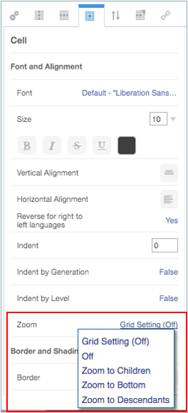 capture d'&eacute;cran pr&eacute;sentant le panneau Propri&eacute;t&eacute;s de cellule avec la fonction de zoom activ&eacute;e et les options de menu d&eacute;crites dans la proc&eacute;dure document&eacute;e