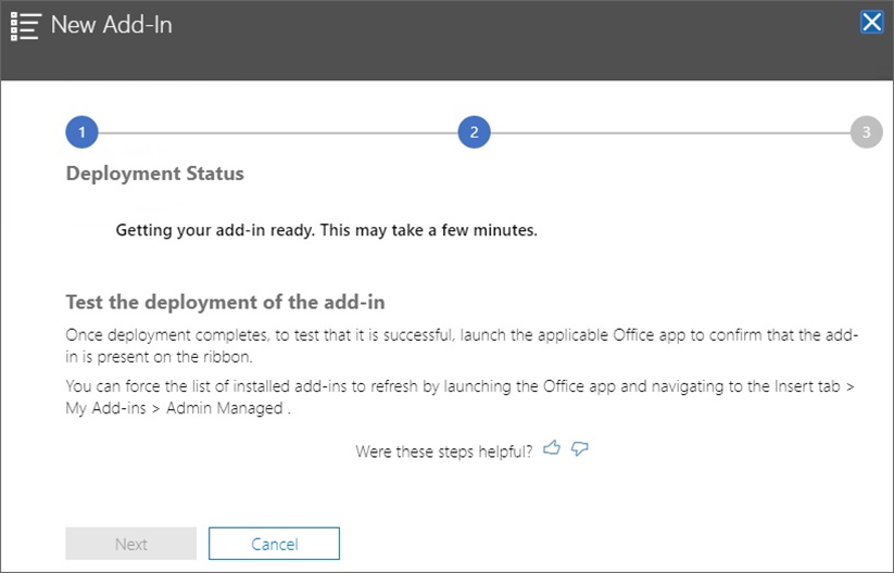 Etape 2 de l'Assistant : statut du d&eacute;ploiement, en cours de pr&eacute;paration