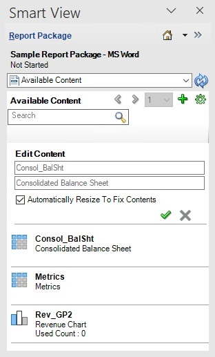 Panneau Contenu disponible avec les options de modification permettant de modifier le nom et la description du contenu disponible, et avec la case &agrave; cocher de redimensionnement automatique des colonnes