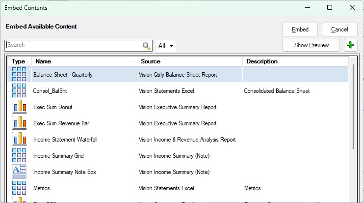 Boîte de dialogue Incorporer du contenu avec Summary Income Statement sélectionné. Boîte de dialogue Incorporer du contenu avec Summary Income Statement sélectionné.