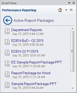 Panneau Accueil Narrative Reporting affichant la liste des packages de rapports actifs.