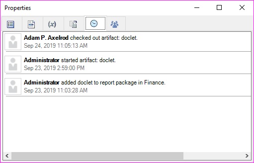 Onglet Historique affiche les informations d'audit sur le doclet.