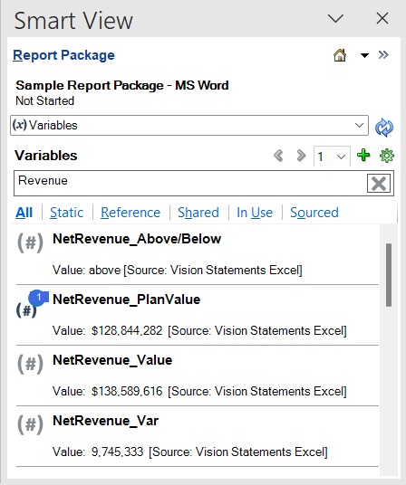 Panneau Package de rapports affichant la liste des variables filtrée en fonction du terme de recherche. Panneau Package de rapports affichant la liste des variables filtrée en fonction du terme de recherche.