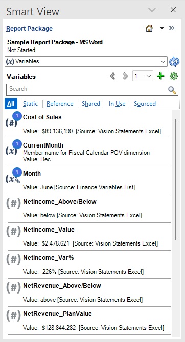 Liste des variables disponibles dans un package de rapports. Affiche le nom de variable et le type de variable : (x) pour les variables statiques, (#) pour les variables de référence et (x) avec un symbole de lien pour les variables partagées. Le cercle bleu contenant un nombre indique le nombre d'utilisations de la variable dans le package de rapports. Valeur indique la valeur définie pour les variables statiques, ou la valeur de la variable de référence et sa source. Liste des variables disponibles dans un package de rapports. Affiche le nom de variable et le type de variable : (x) pour les variables statiques, (#) pour les variables de référence et (x) avec un symbole de lien pour les variables partagées. Le cercle bleu contenant un nombre indique le nombre d'utilisations de la variable dans le package de rapports. Valeur indique la valeur définie pour les variables statiques, ou la valeur de la variable de référence et sa source.