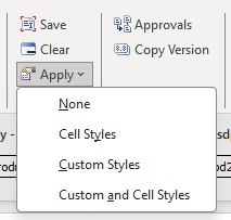 Options Appliquer : Aucun, Styles de cellule, Styles personnalis&eacute;s, Styles personnalis&eacute;s et de cellule.
