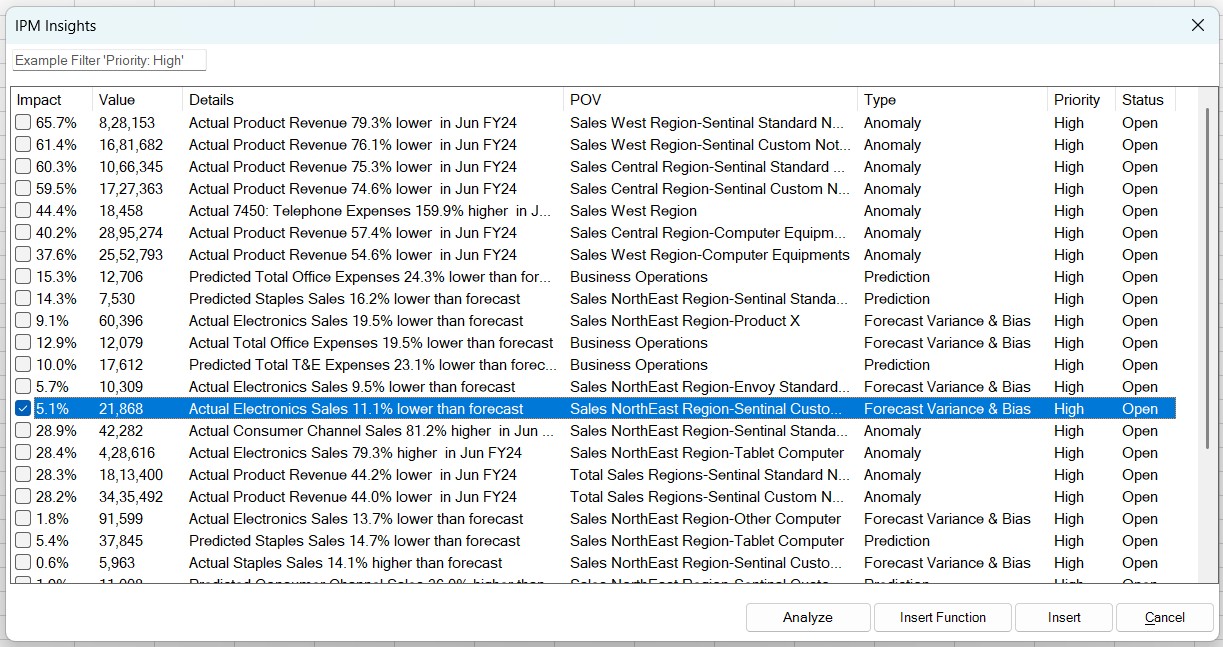 Boîte de dialogue IPM Insights ouverte dans Excel, qui présente la liste des informations clés disponibles avec une zone de filtre dans la partie supérieure Boîte de dialogue IPM Insights ouverte dans Excel, qui présente la liste des informations clés disponibles avec une zone de filtre dans la partie supérieure