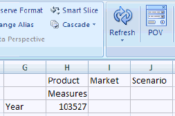 Le bouton PDV est d&eacute;sactiv&eacute;. Tous les membres du PDV Product, Market et Scenario sont affich&eacute;s sur la premi&egrave;re ligne. Measures est un membre de colonne ; Year est le membre de ligne.