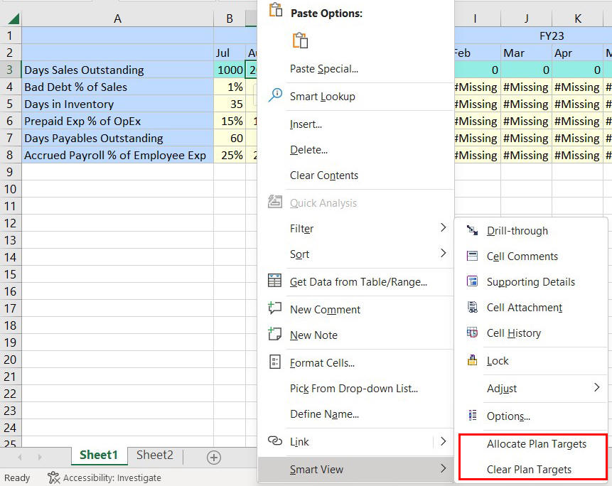 Menu contextuel affichant les commandes Allouer des cibles de plan et Effacer les cibles de plan