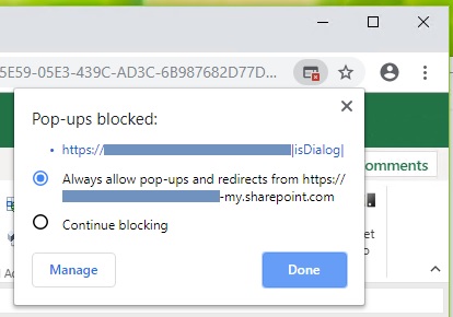Bo&icirc;te de dialogue Pop-up bloqu&eacute;s affichant l'URL de la bo&icirc;te de dialogue contextuelle bloqu&eacute;e et deux options : une permettant de toujours autoriser les fen&ecirc;tres contextuelles de cette URL, et une autre permettant de continuer &agrave; les bloquer