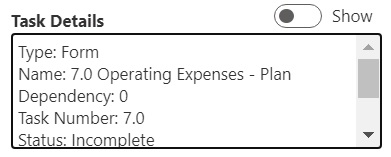 Volet D&eacute;tails de la t&acirc;che du panneau Liste des t&acirc;ches indiquant, entre autres, le nom, le num&eacute;ro et le statut de la t&acirc;che.