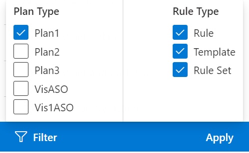Options de filtrage des règles métier, avec les cases à cocher en regard de chaque cube et type de règle. Options de filtrage des règles métier, avec les cases à cocher en regard de chaque cube et type de règle.