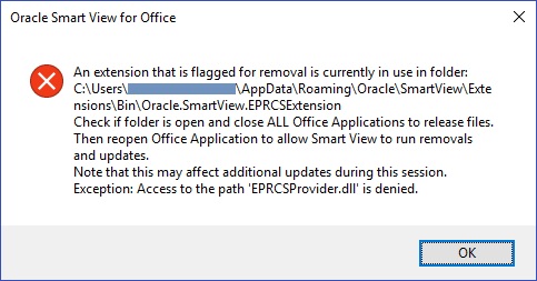 Message apparaissant si une application Office est ouverte pendant une mise &agrave; jour d'extension. Il indique que les utilisateurs doivent fermer toutes les applications Office, puis rouvrir Office pour permettre &agrave; Smart View d'ex&eacute;cuter les mises &agrave; jour d'extension.