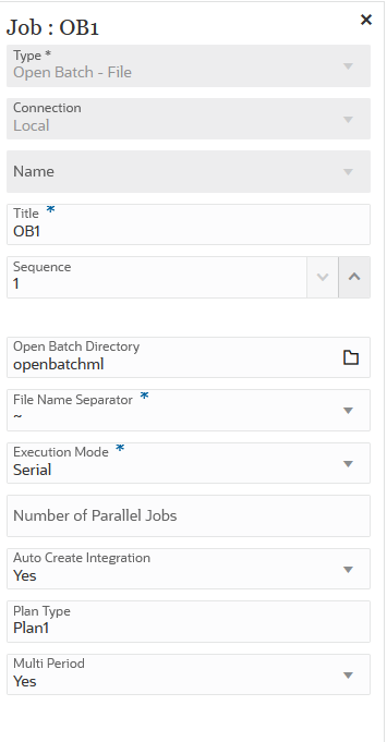 Image repr&eacute;sentant des exemples de param&egrave;tres de job de type Ouvrir le lot - Fichier.