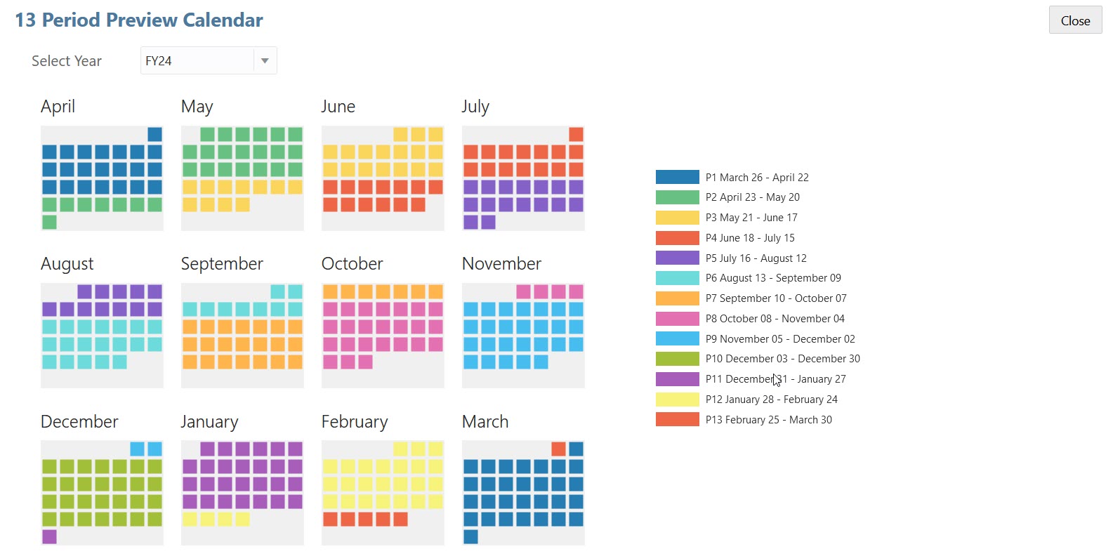 Calendrier de pr&eacute;visualisation &agrave; 13 p&eacute;riodes pour l'exercice 2024 avec l'ann&eacute;e civile pr&eacute;c&eacute;dente s&eacute;lectionn&eacute;e