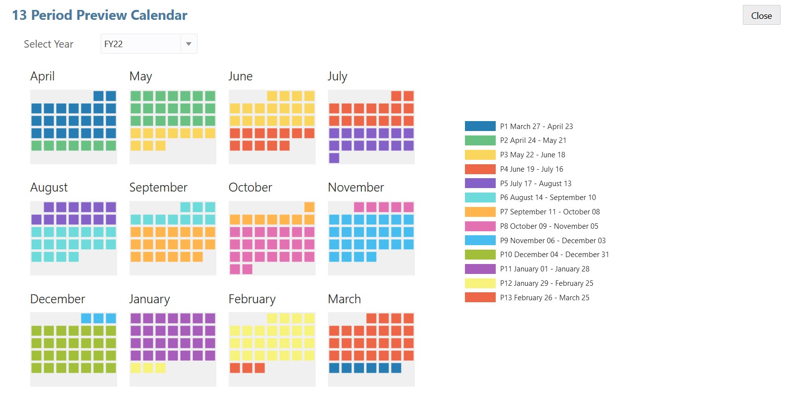 Calendrier de pr&eacute;visualisation &agrave; 13 p&eacute;riodes pour l'exercice 2022 avec la m&ecirc;me ann&eacute;e civile s&eacute;lectionn&eacute;e