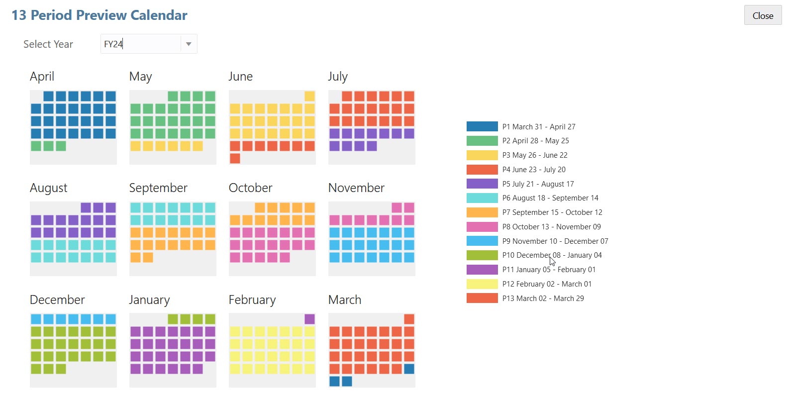 Calendrier de pr&eacute;visualisation &agrave; 13 p&eacute;riodes pour l'exercice 2024 avec la m&ecirc;me ann&eacute;e civile s&eacute;lectionn&eacute;e