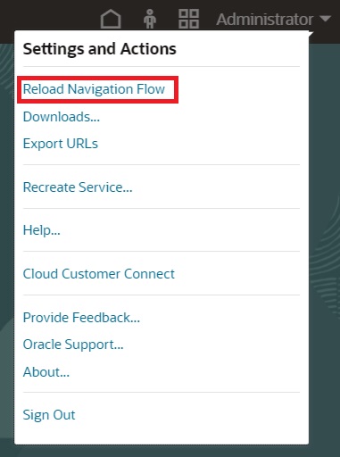 Menu Param&egrave;tres et actions avec l'option Recharger le flux de navigation mise en &eacute;vidence