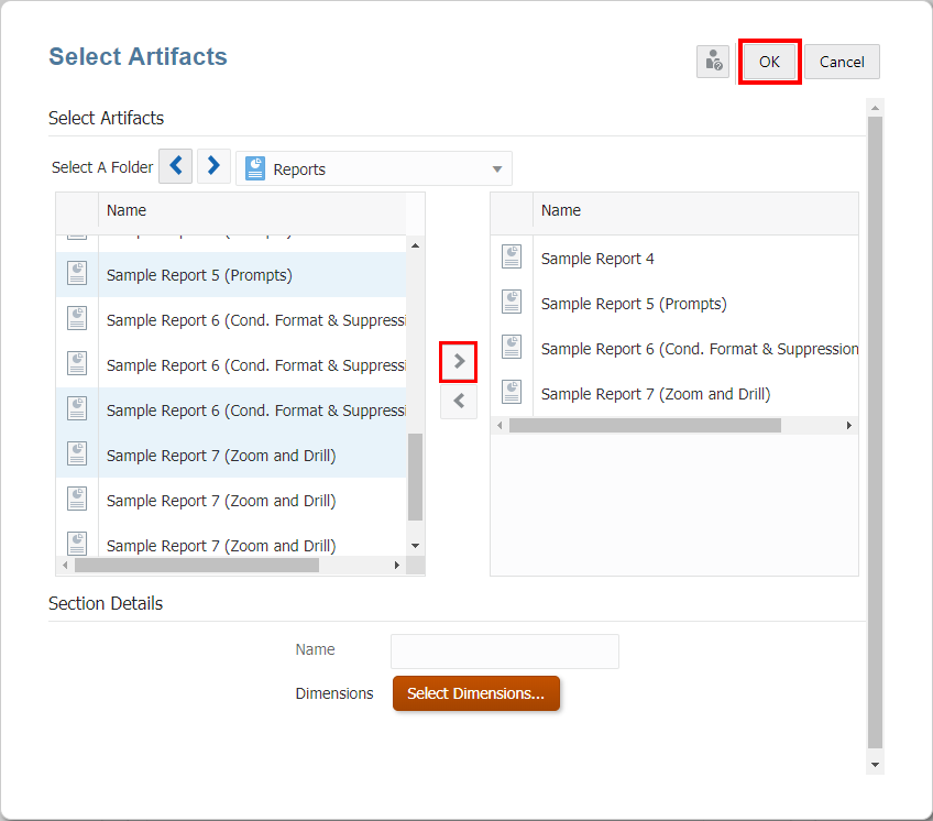 ダイアログからアーティファクトを選択します