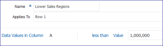 スクリーンショットは、Lower Sales Regionsという名前の式と、列Aのデータ値が1,000,000より小さいことを示しています。