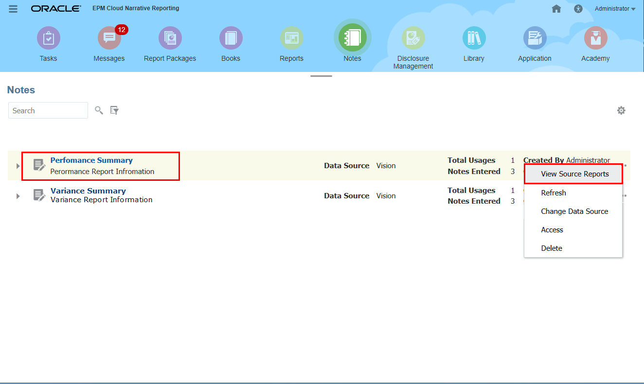 ノートのソース・レポートの表示