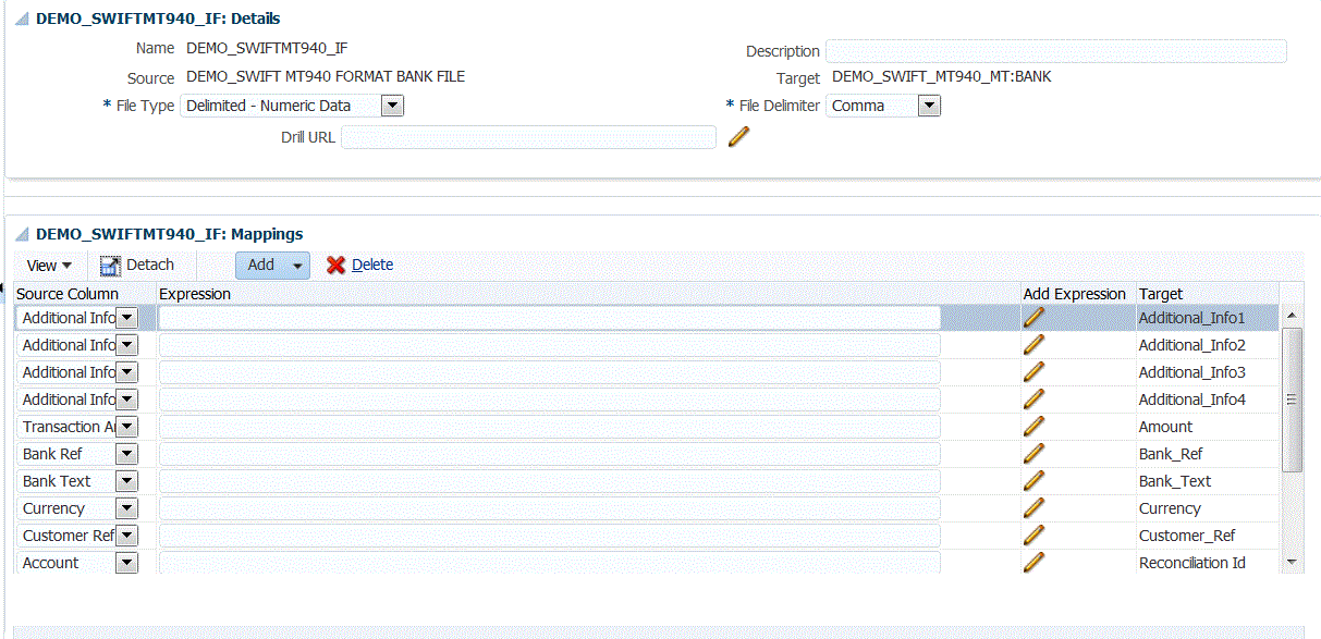 イメージはMT940ファイルのインポート・ファイルを示します。