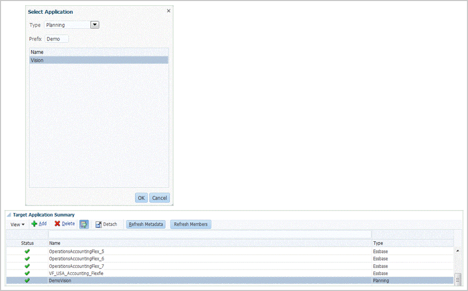 イメージは「アプリケーションの選択」および「ターゲット・アプリケーション」画面を示します。