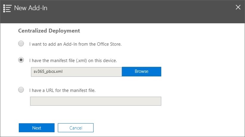 マニフェスト・ファイルをアップロードするための「参照」オプションが表示された「新しいアドイン」ウィザード。
