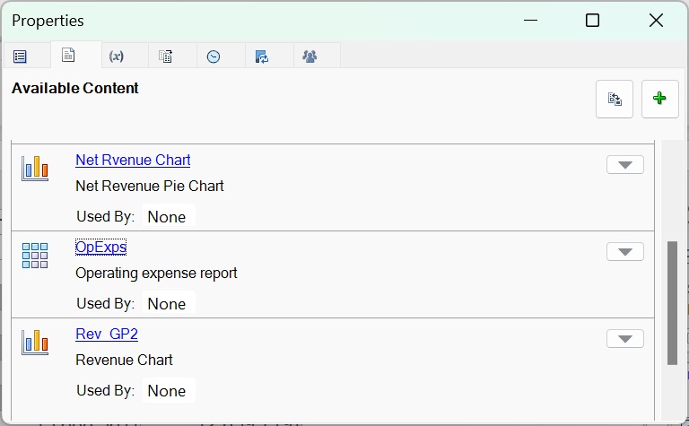 使用可能なコンテンツを示す「プロパティ」ダイアログ。OpExpsに説明が表示されています。
