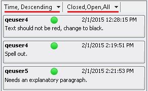 Smart Viewパネルにリストされているコメントは、時間の降順でソートされ、クローズ済、オープンおよびすべてでフィルタ処理されています。