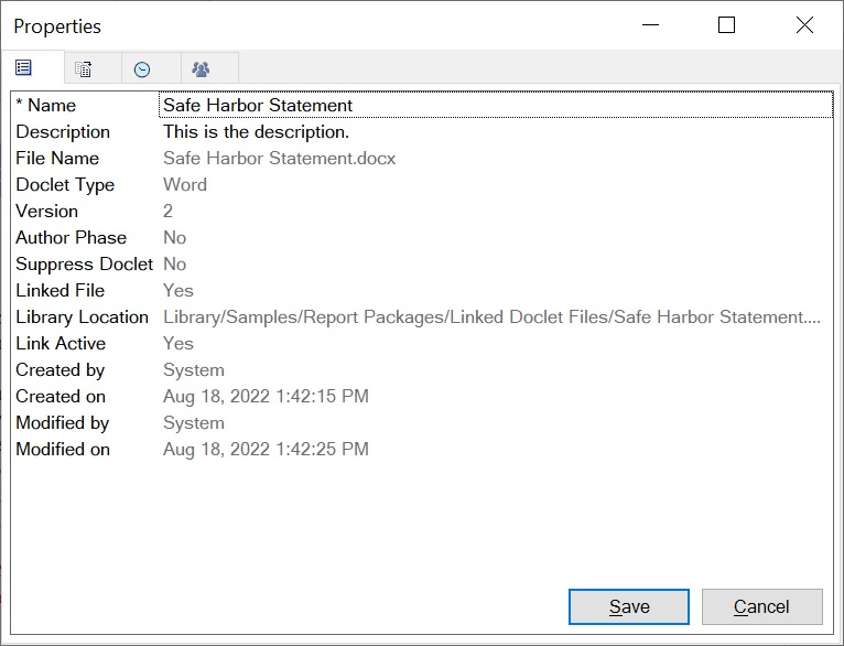 選択したリンクされた標準ドックレットの「プロパティ」ダイアログ・ボックスの「プロパティ」タブ