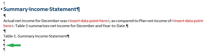Wordドックレットの一部。段落マーカーを指す矢印を示しています。ここにコンテンツが埋め込まれます。 Wordドックレットの一部。段落マーカーを指す矢印を示しています。ここにコンテンツが埋め込まれます。