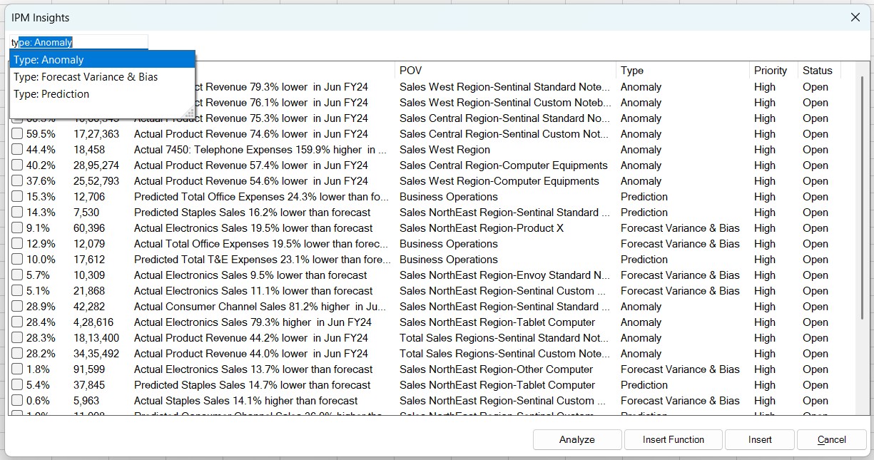 「異常」の「タイプ」が選択されているフィルタ・ボックス
