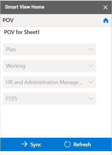 シート名と関連するPOVディメンション、「ホーム」アイコン、「同期」ボタン、「リフレッシュ」ボタンを表示するPOVパネル シート名と関連するPOVディメンション、「ホーム」アイコン、「同期」ボタン、「リフレッシュ」ボタンを表示するPOVパネル