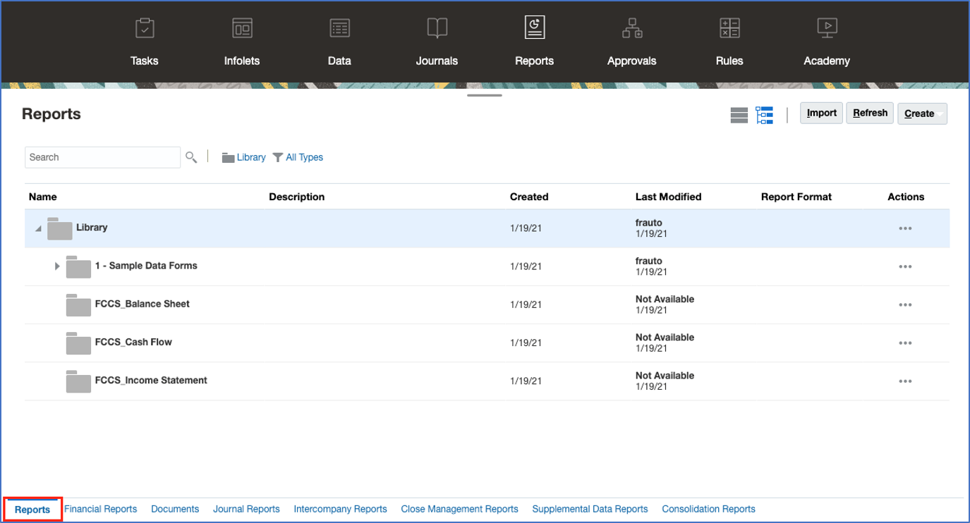 FCCおよびTax Reportingのナビゲーション