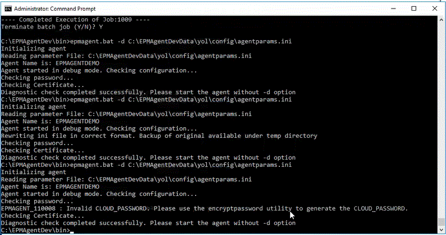 イメージは、コマンド実行ダイアログに表示されたエージェントの開始パラメータを示します