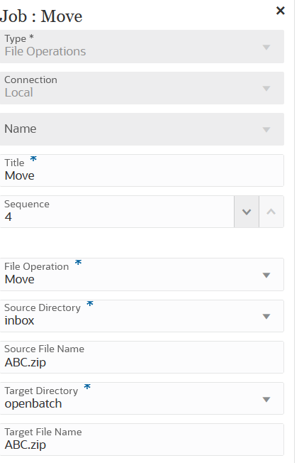 イメージはファイルの「移動」オプションのジョブ・タイプ・パラメータのサンプルを示します。 イメージはファイルの「移動」オプションのジョブ・タイプ・パラメータのサンプルを示します。