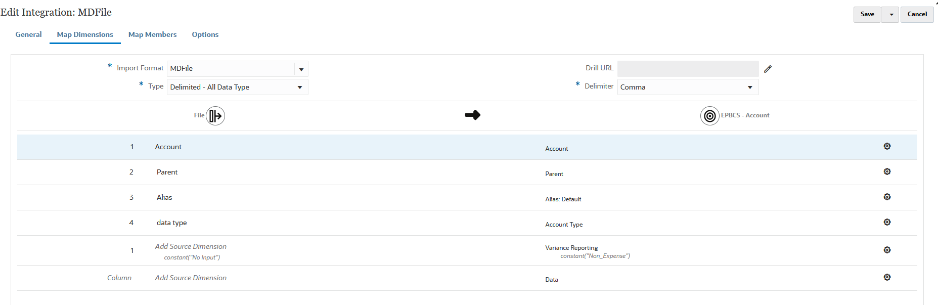 イメージはディメンションのマッピング・ページを示します。