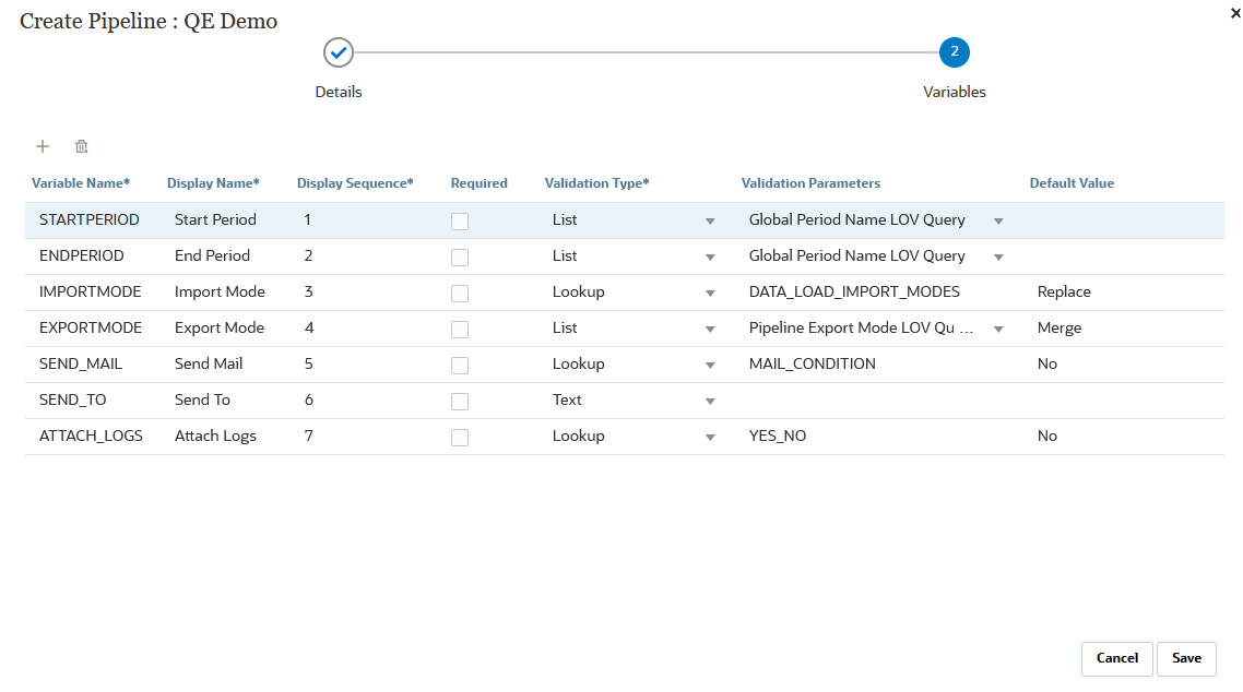 イメージはパイプラインの作成ページの「変数」タブを示します。